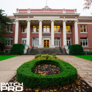 Administrative building exterior Johnson Hall on the University of Oregon campus in Eugene.